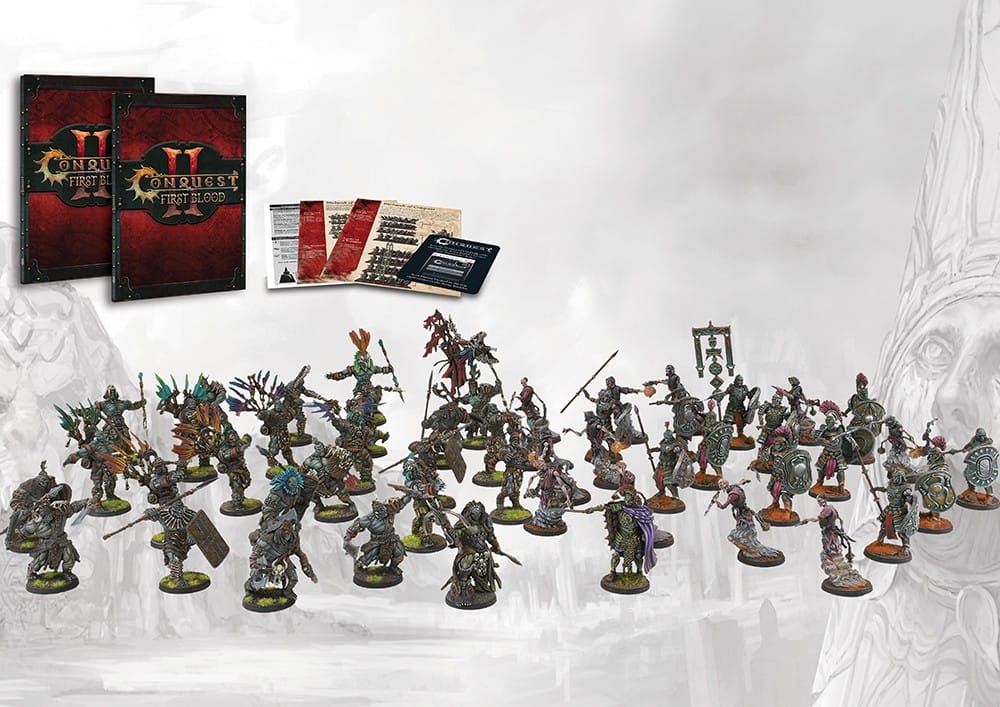 Contents of the Conquest First Blood Two Player Starter Set as featured in our wargaming gift guide