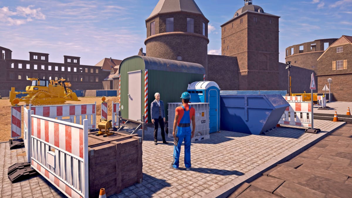 A construction worker and a man in a suit stand around amid a construction site in Construction Simulator