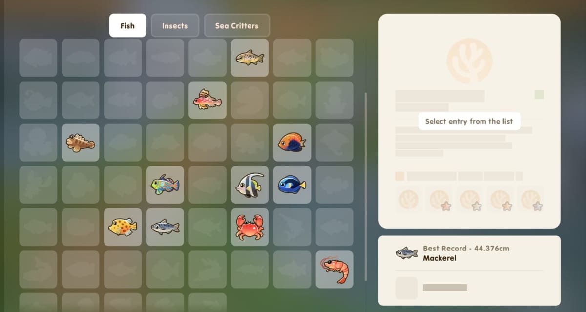 Coral Island Fishing Guide image of the in game menu showing each of the fish the player has caught 
