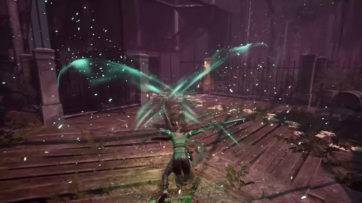 A cross-slash of Plague Energy being used by main character of Thymesia, Corvus, as he slashes through boxes that stand before him. 