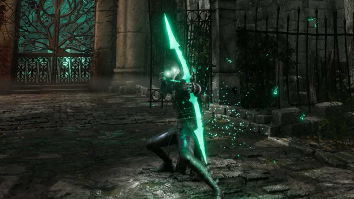 Corvus aiming down the Bow Plague Weapon at the camera, which showcases a deep greenish glow, while standing within one of the dungeons 