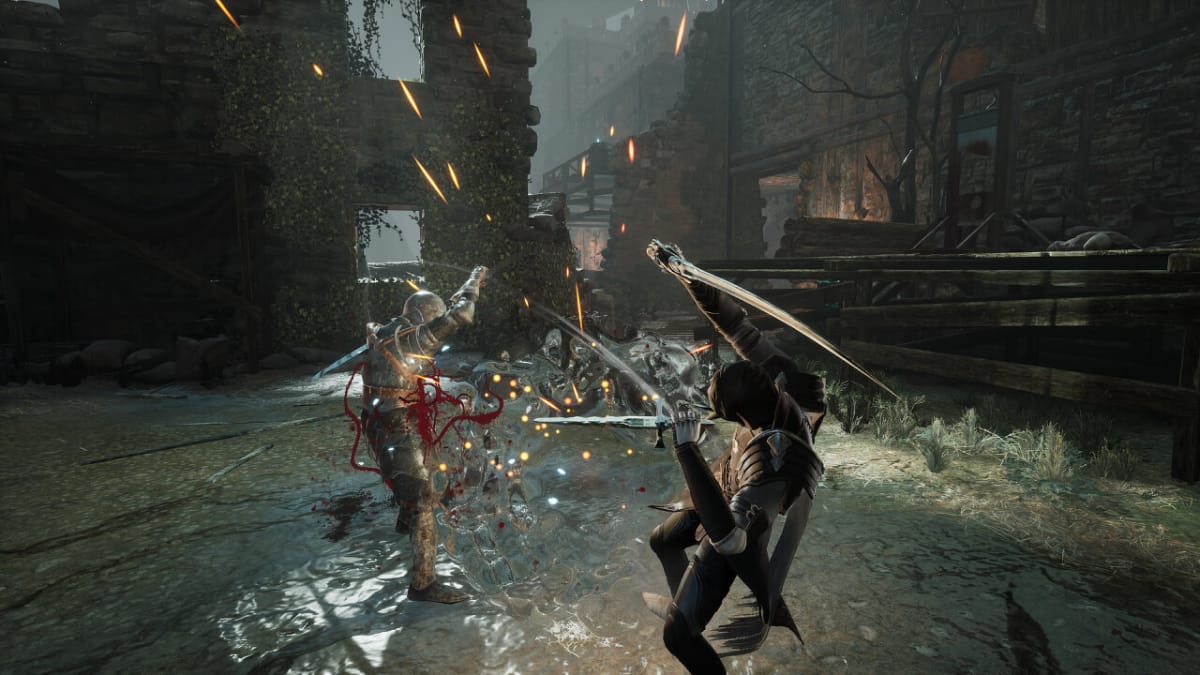 A well-timed Parry by Corvus against one of the soldiers in Thymesia to deal extra damage. Shows blood spattering all over the screen from the enemies torso, and flashes of sparks from their weapons colliding. 