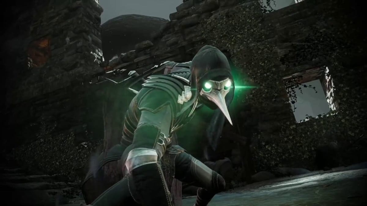 Corvus, the main character in Thymesia, crouches down while filled with plague energy that radiates a green glow and features glowing green eyes, as he stands among foliage and stone walls from the dungeon