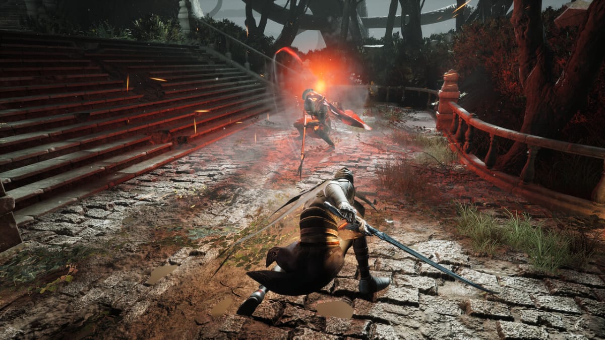 Corvus keeps his distance from a Spearman within the dungeon by using the Dodge ability. Background showcases flames and splinters of wood flying about from the spear head 