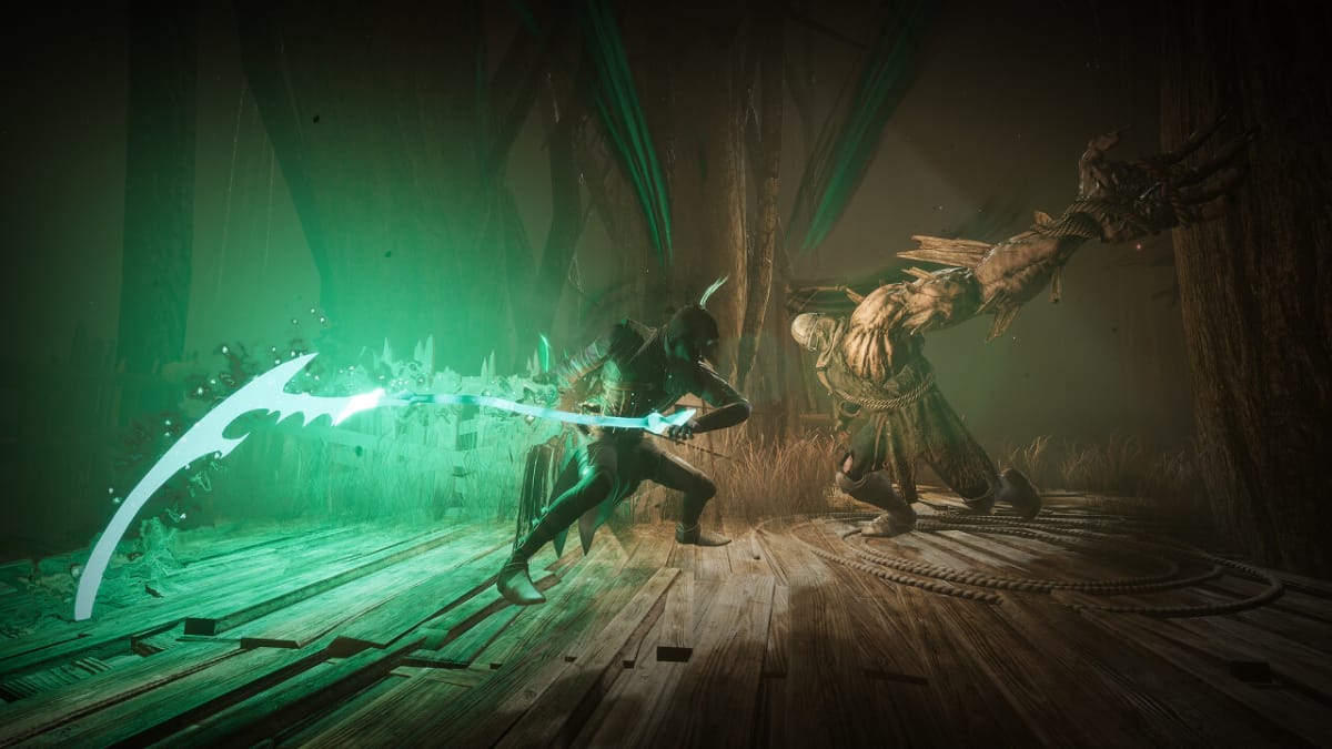 Corvus Using the Scythe Plague Weapon against one of the Spike-covered behemoth enemies who uses a mutated arm to attack within the wooden walls of one of the dungeons