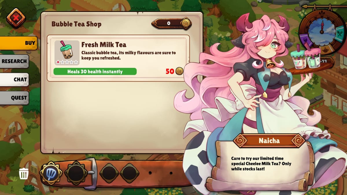A menu in Cuisineer, with NPC Naicha offering the player Fresh Milk Tea from the Bubble Tea Shop.