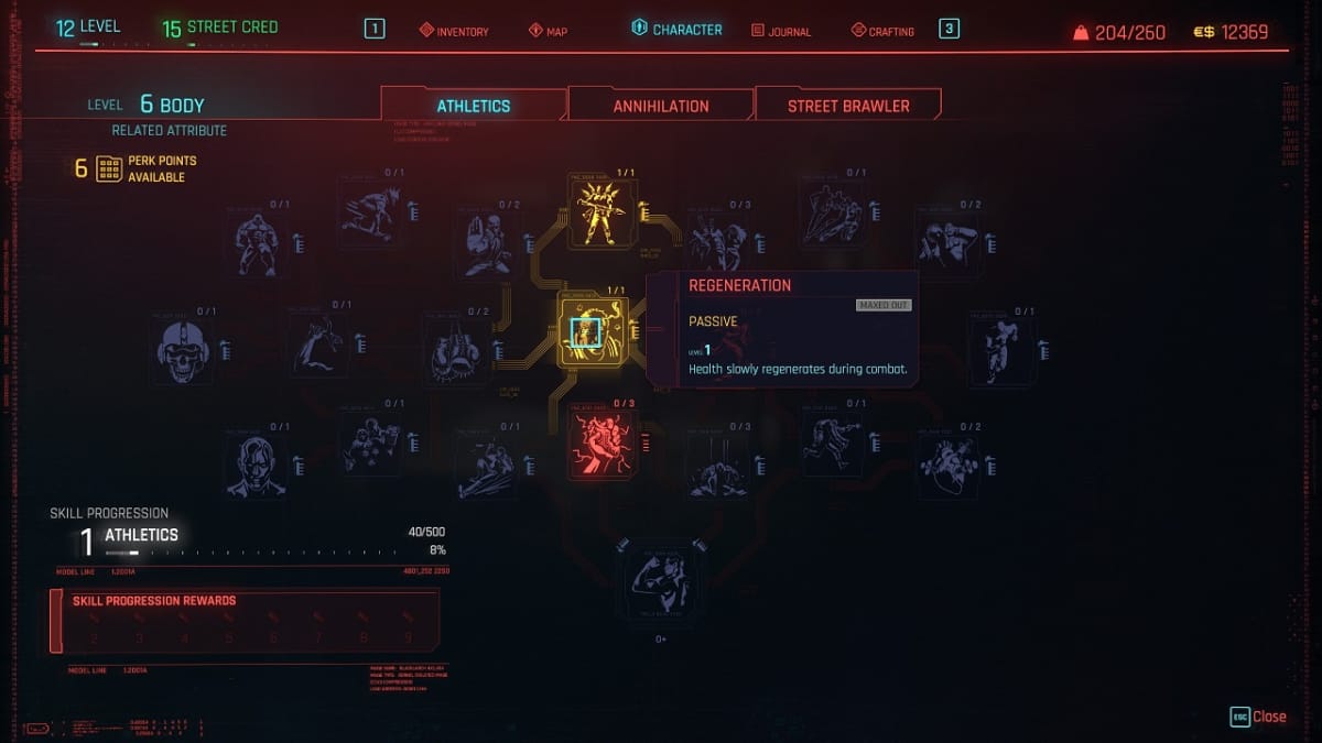 A overview of the Athletics skill tree in Cyberpunk 2077