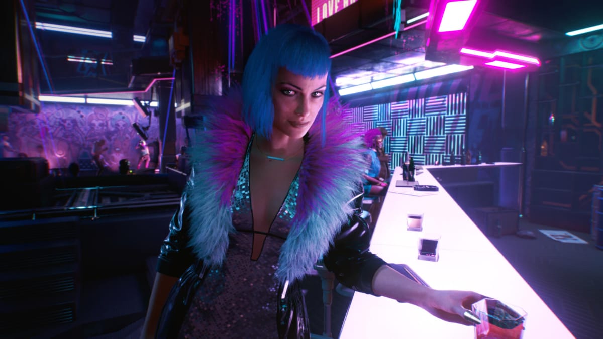 Evelyn Parker clutching a drink in Cyberpunk 2077