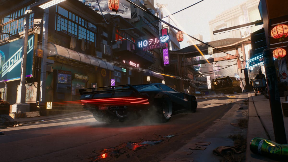Cyberpunk 2077 update screenshot shows a car that shouldn't fly to the moon anymore.