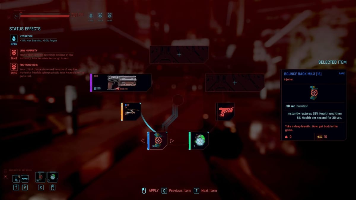 Cyberpunk 2077 mod screenshot shows an in-game screenshot of a player's low Humanity.