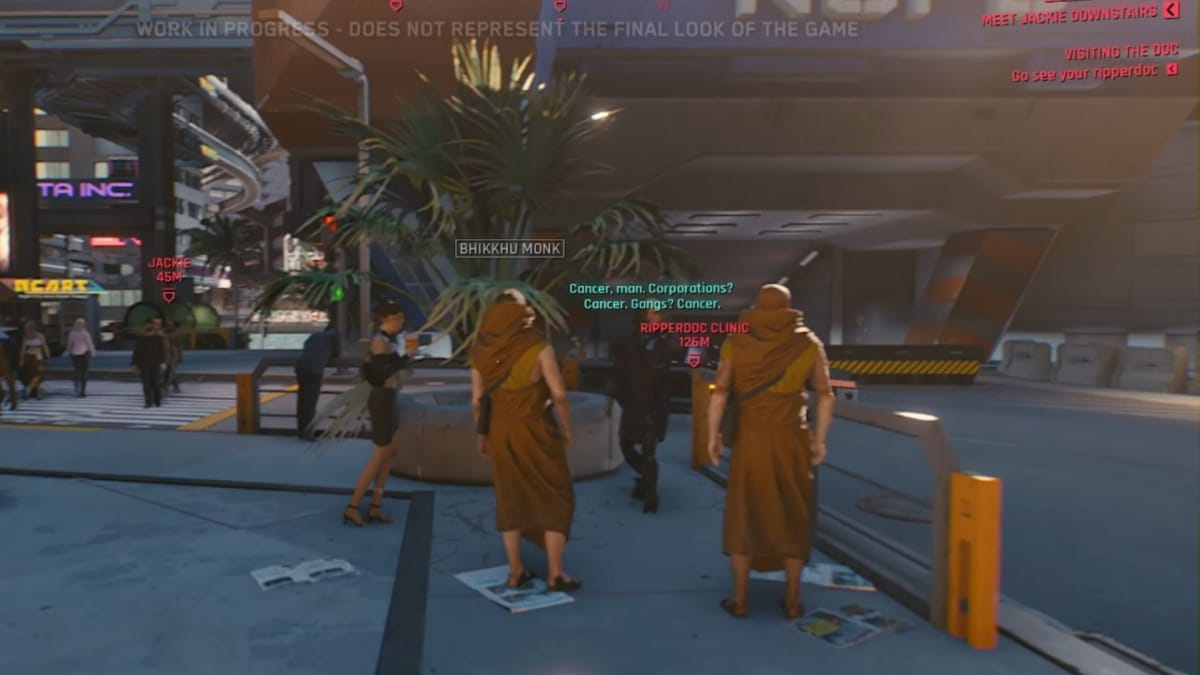 Monk NPCs in Cyberpunk 2077 and other NPCs listening in. An example of characters interacting with the world around them in the demo