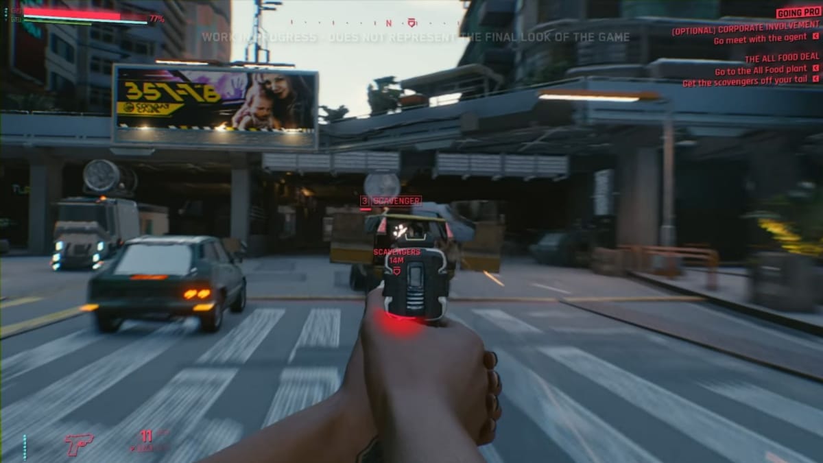 A car ambush in the Cyberpunk 2077 demo, which was said to be a regular occurrence depending on your gang reputation