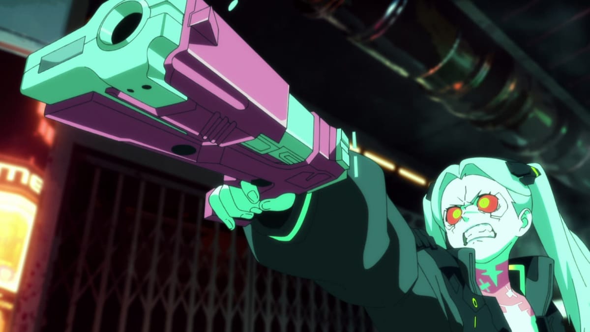 Cyberpunk Edgerunners Netflix screenshot, of an anime character with green hair pointing a green and pink gun, Cyberpunk 2077 Sales
