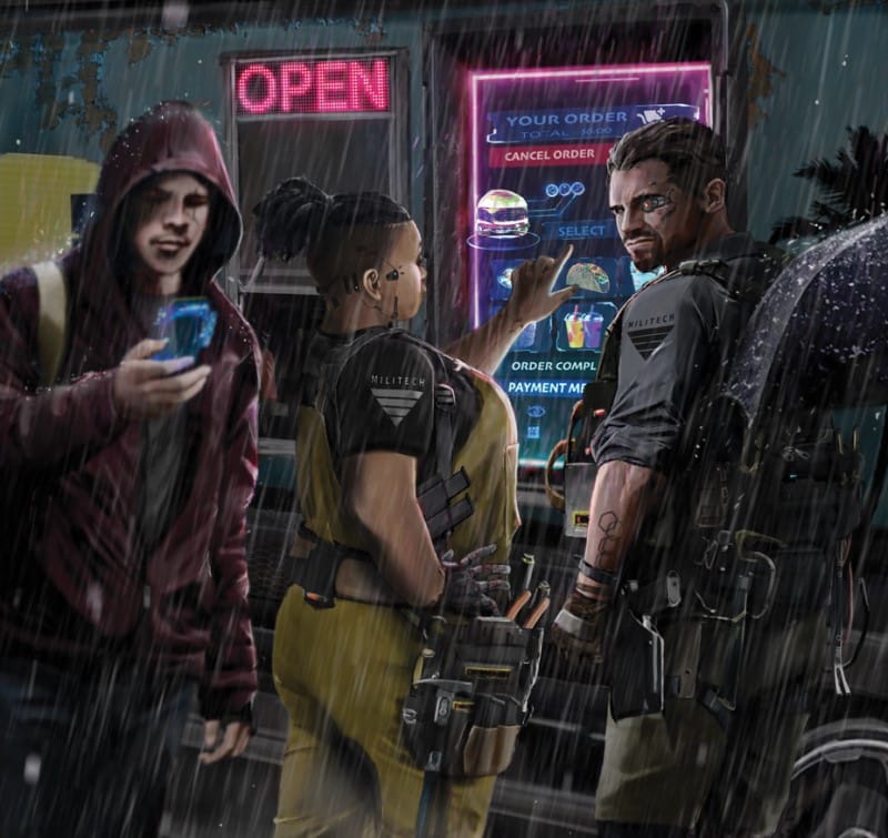 Three people in front of a fast food screen wearing body armor and guns from the Cyberpunk Red Rulebook