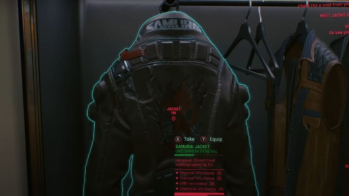 V's jacket from the Cyberpunk E3 2018 trailer, showing that it increasing street cred