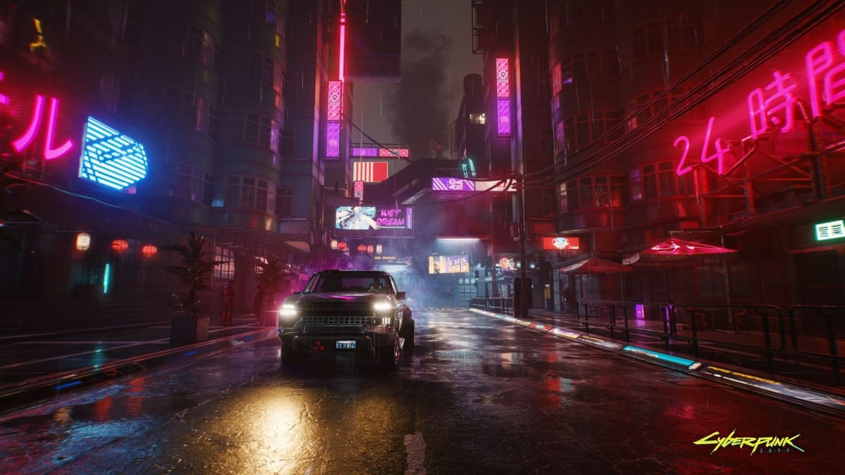 Official Cyberpunk 2077 artwork depicting rain in Night City