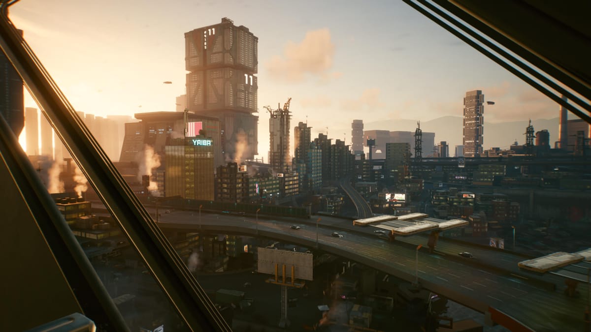 A first-person view of the city from the metro in Cyberpunk 2077.