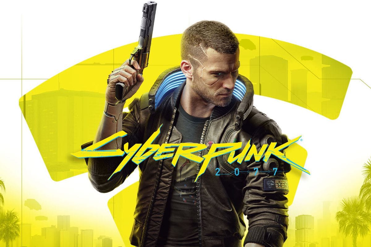 Cyberpunk 2077's official cover art with Stadia's logo in the background