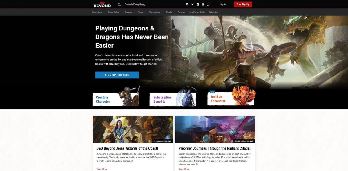 A shot of the D&D Beyond website, which has been bought by Dungeons and Dragons owner Hasbro