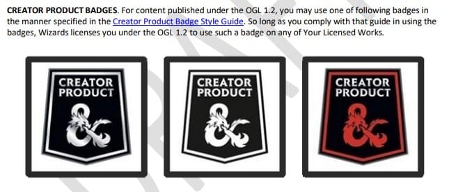 Three examples of the D&D Creator Badges that Wizards of the Coast are planning on giving to third party creators