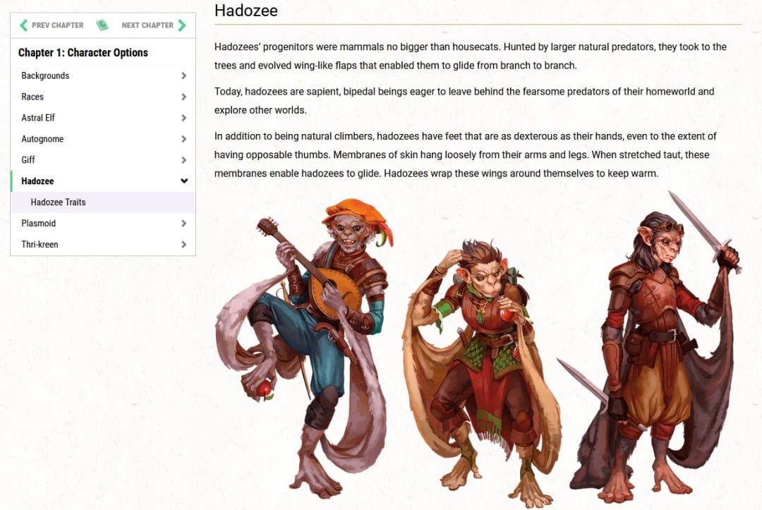 A screen cap of the D&D Hadozee Race with revised text