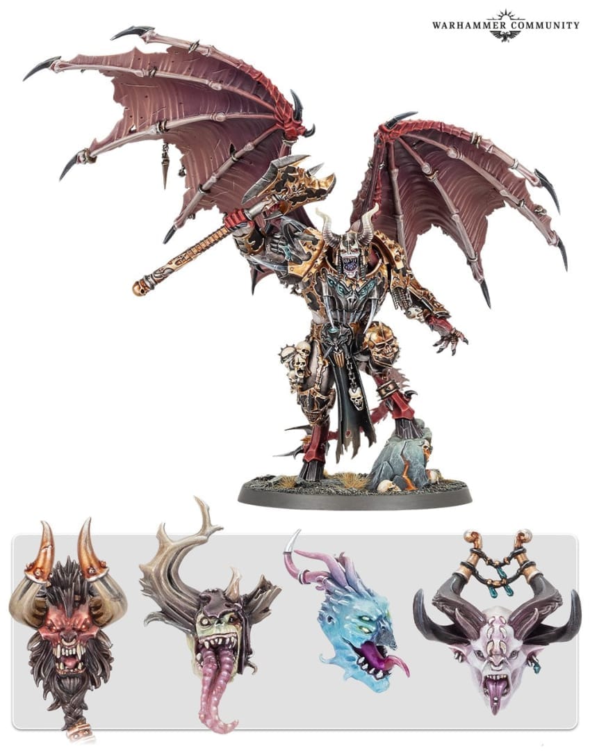 An image of the Daemonic Prince for Warhammer Slaves to Darkness, showing off his five different head options.