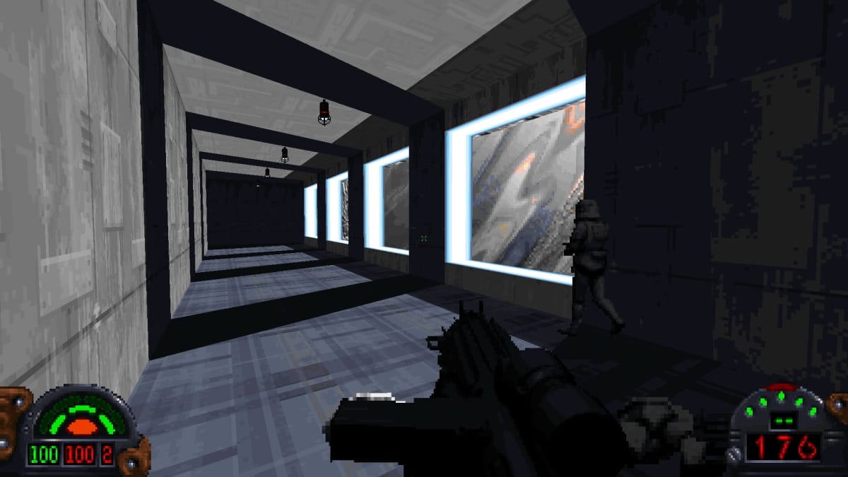 Star Wars: Dark Forces screenshot shows a gun pointing at a stormtrooper