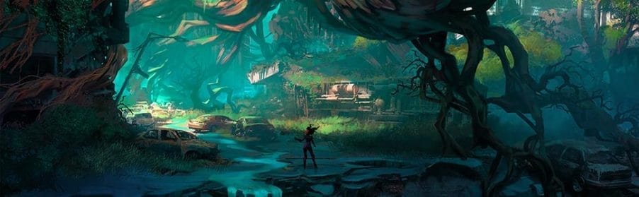 Darksiders 3 screenshot showing a natural area with signs of a previous civilization dotted around the image. 