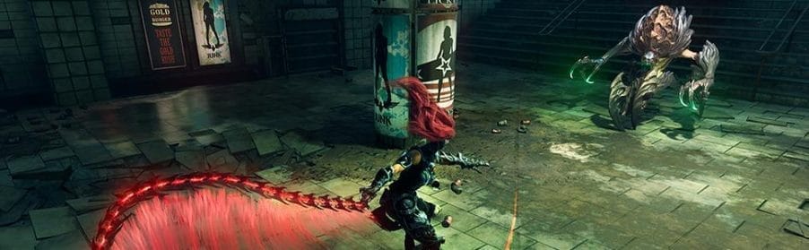 Darksiders 3 screenshot showing a red-haired woman facing off against a giant monster