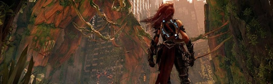 Darksiders 3 screenshot showing a red-haired woman standing in a destroyed city. 