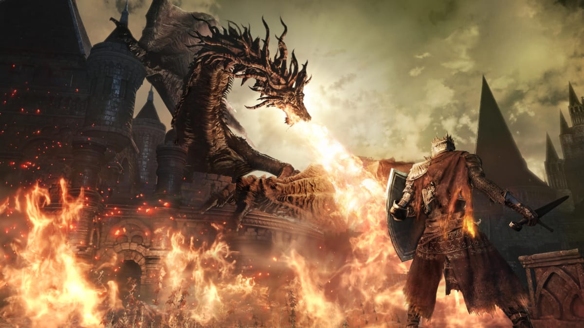 A dragon breathing fire at the player from atop the High Wall of Lothric in the From Software game Dark Souls 3