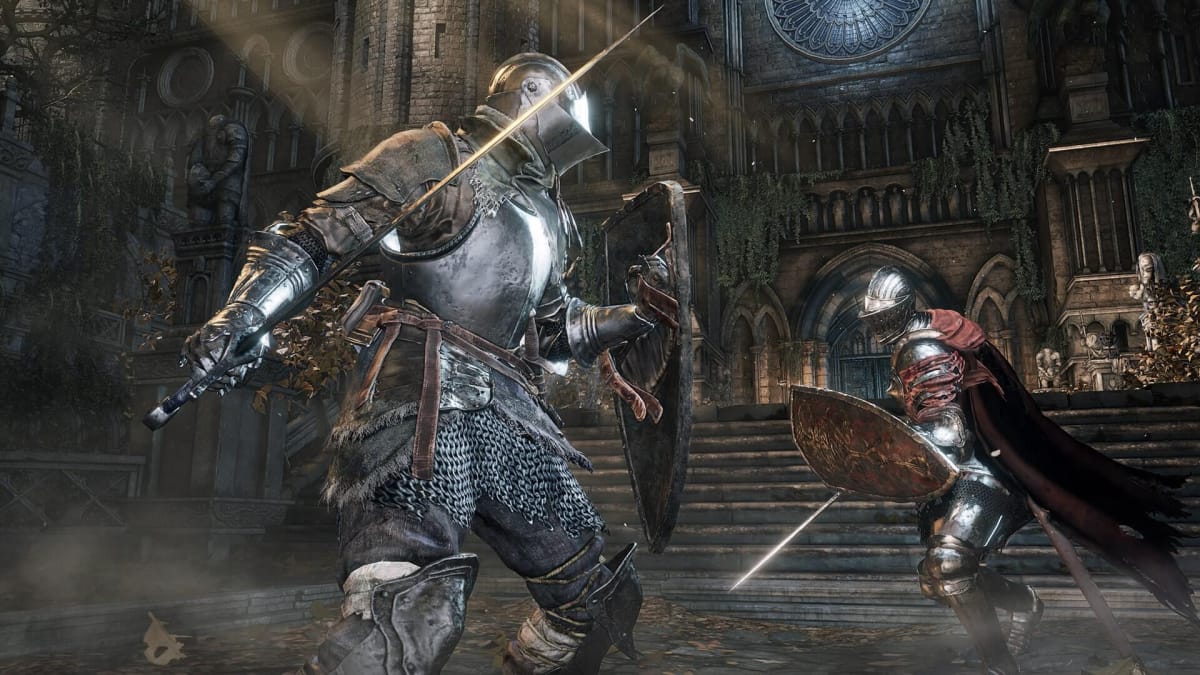 The player battling a Knight of Lothric against the backdrop of Lothric Castle in Dark Souls 3, intended to represent the Dark Souls 3 PC servers being reactivated