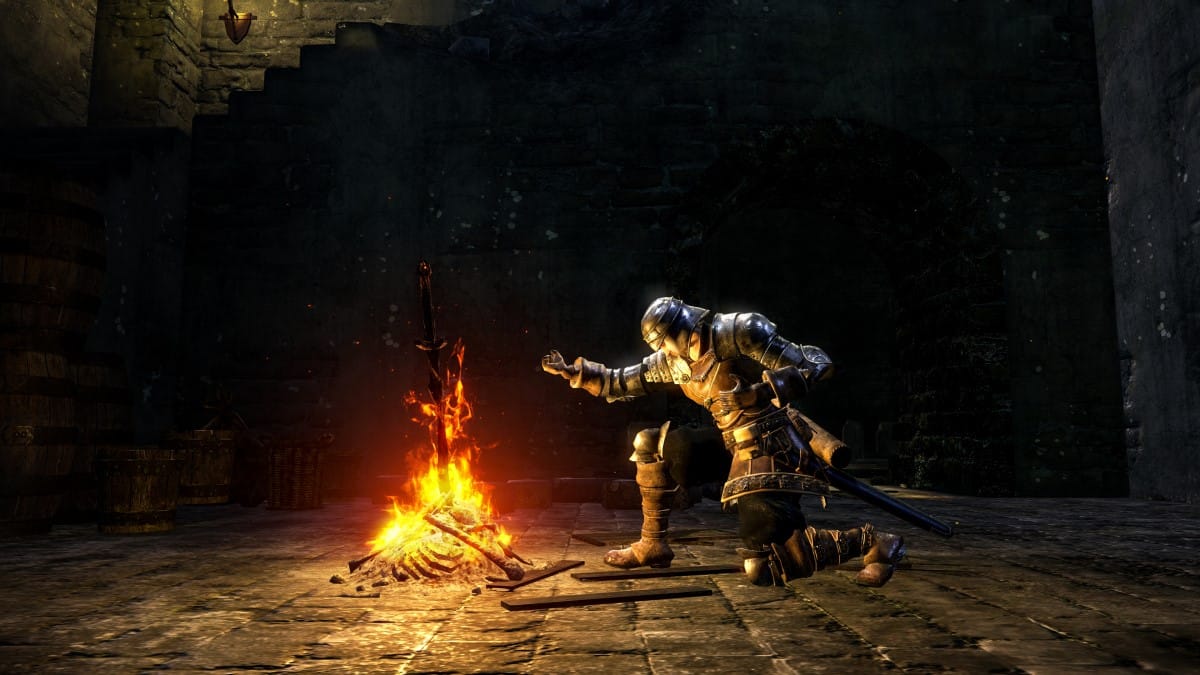 A warrior kneeling in front of a bonfire in a dark room