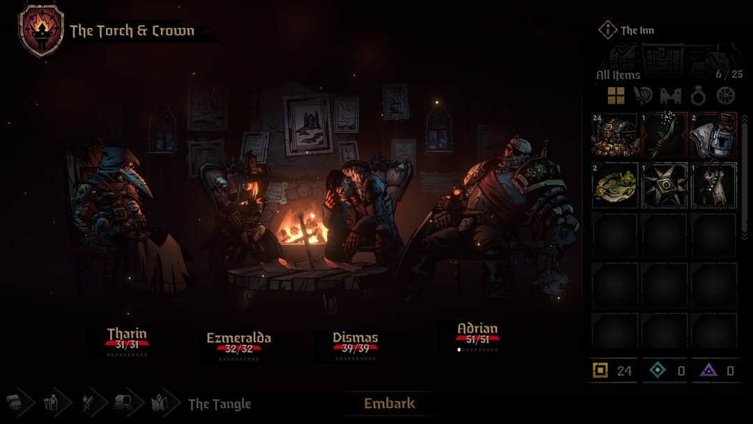 The party resting at an inn in Darkest Dungeon 2