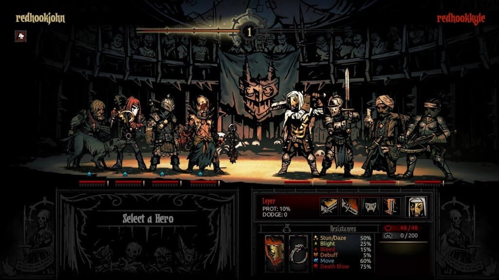 Two teams of heroes face off against each other in Darkest Dungeon's The Butcher's Circus DLC