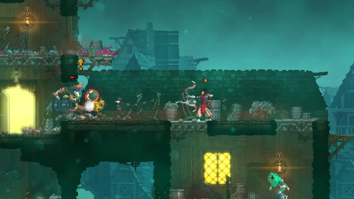 The player aiming a bow at an enemy who's firing a cannon in Dead Cells