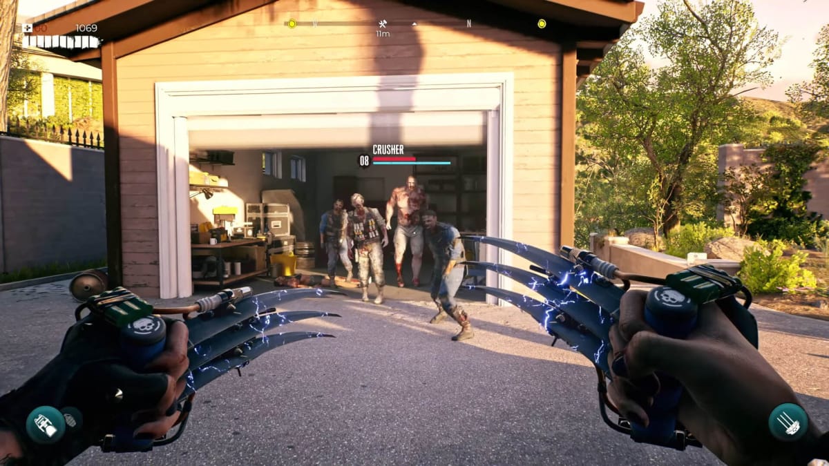 The player wielding electric claws against a horde of zombies in Dead Island 2