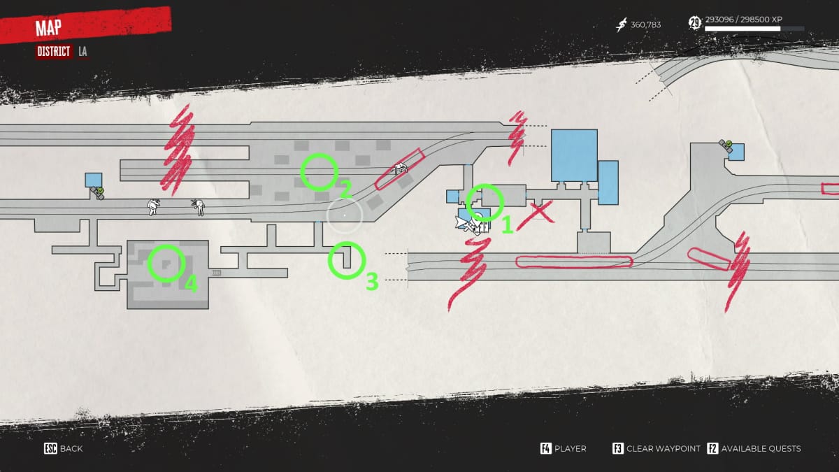 Map of the Dead Island 2 Metro area, showing the location of the passcode needed to unlock the Missing: Nadia sidequest door.