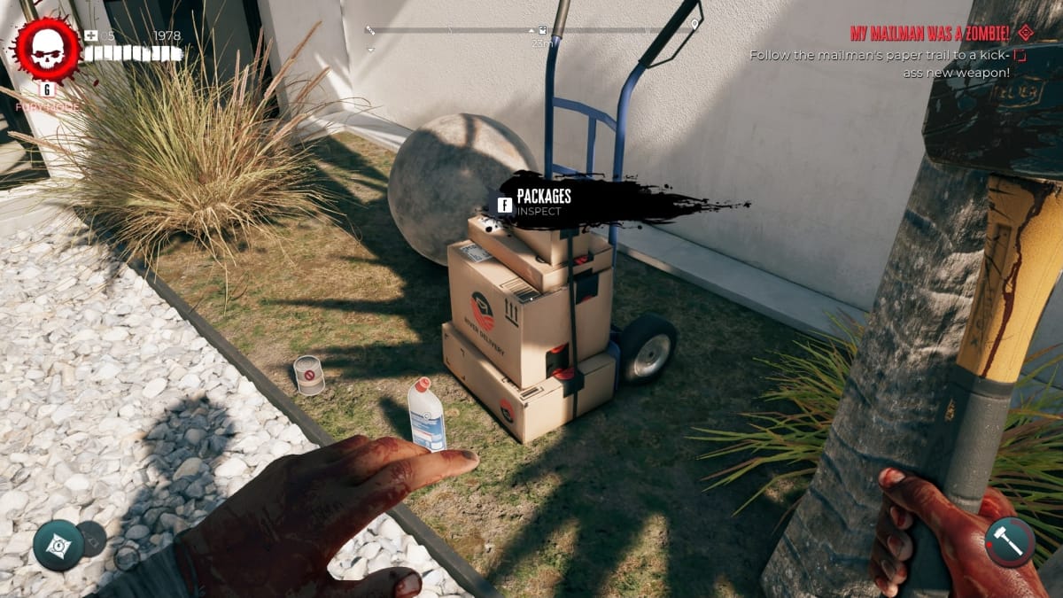 Dead Island 2 Screenshot showing parcels on a trolley sitting in the front of an LA mansion in bright sunlight.