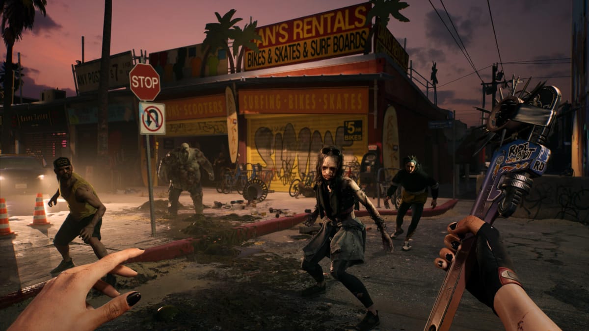 The player facing down a group of snarling zombies with a modified melee weapon in Dead Island 2