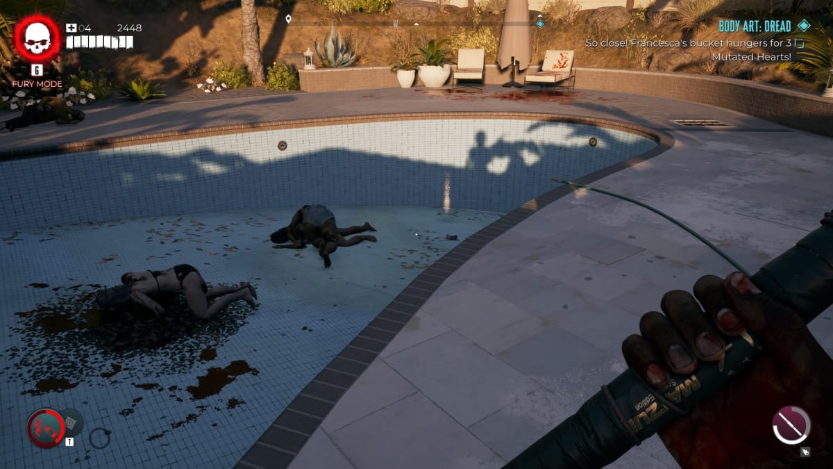 Dead Island 2 screenshot showing two zombies kneeling over and eating corpses in a pool, with a glowing item in the background. 