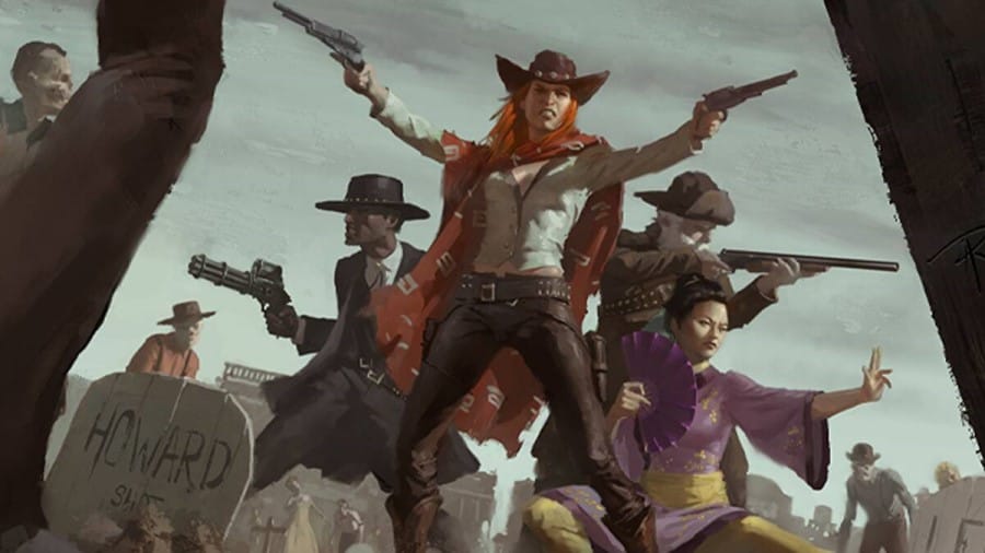 Several cowboys, guns drawn against a zombie horde from the RPG Deadlands