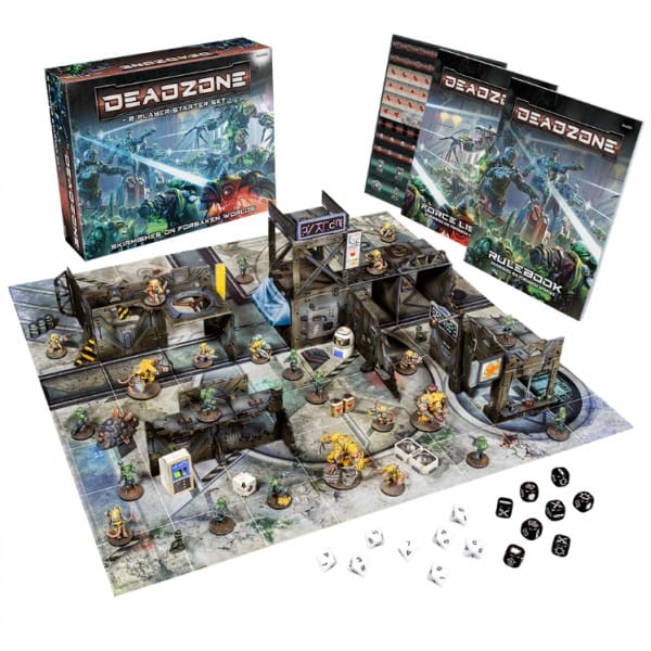 An image of the terrain, figures and dice, seen in Deadzone Third Edition's Starter Box