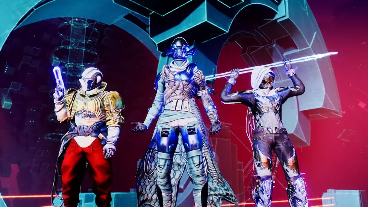 A fireteam wearing diverse armor in neon colored arena