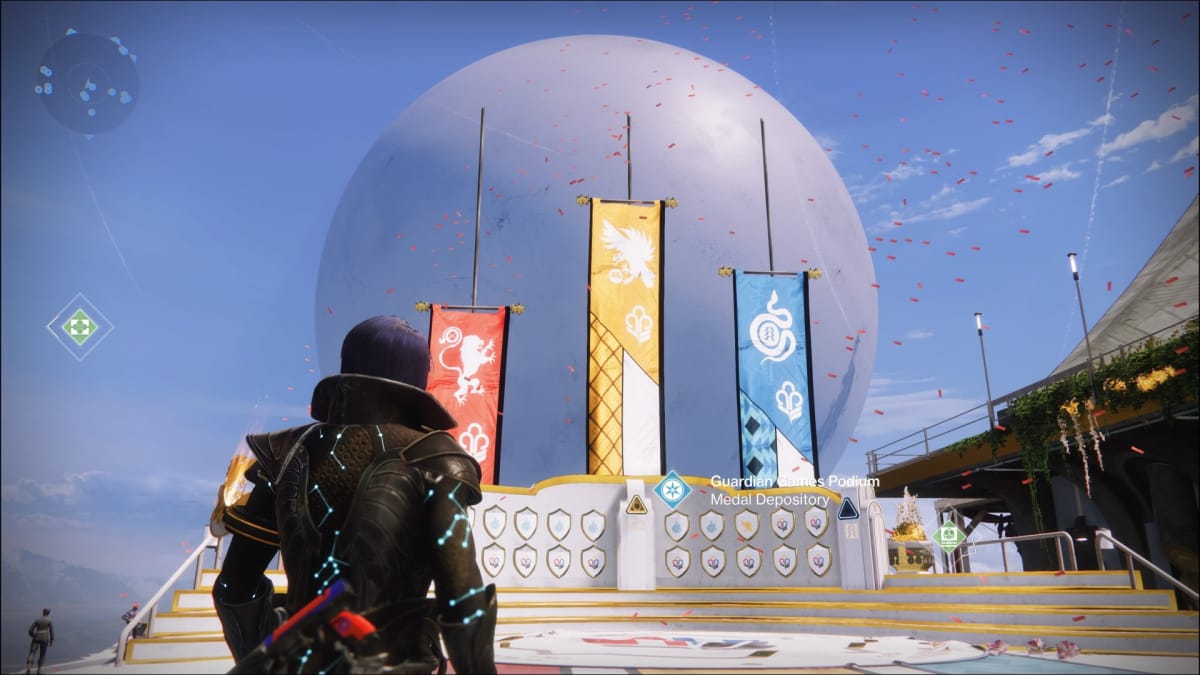 A warlock looking into a decorated Tower, banners held high
