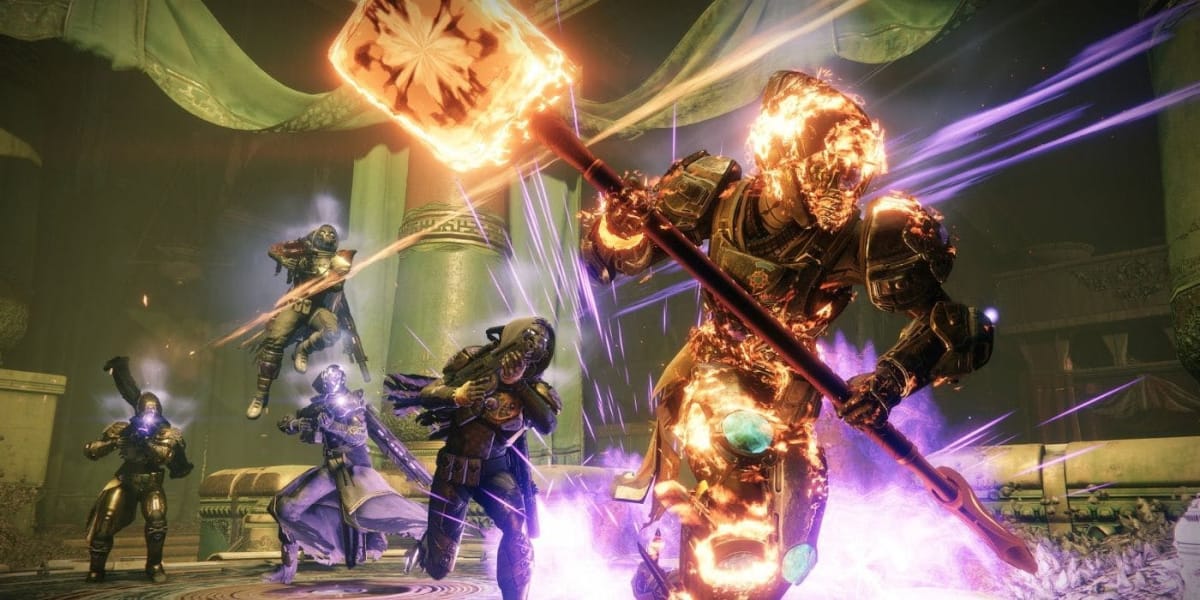 A team of guardians, flaming weapons drawn, charging into a fight