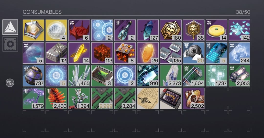 A menu full of different consumable items in Destiny 2