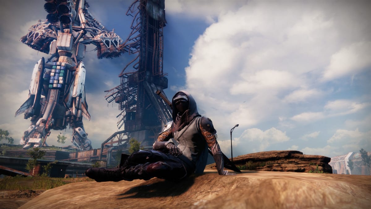 A Hunter sitting in the middle of a long abandoned Cosmodrome