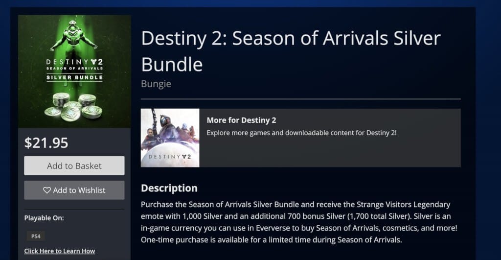 The PlayStation Store listing for Destiny 2's new content season