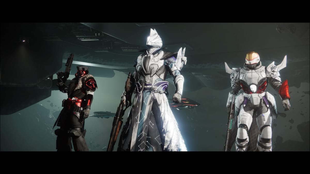 A fireteam of three Guardians entering an abandoned ship